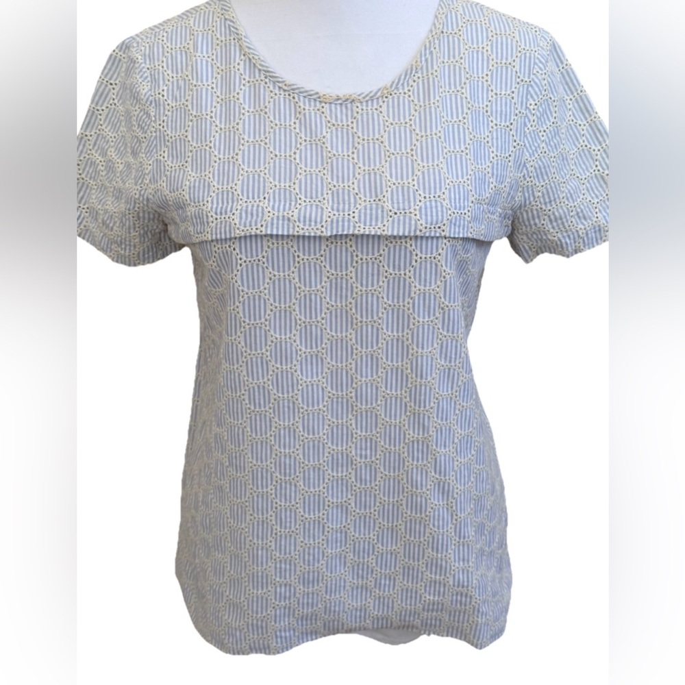 J.CREW Baby Blue + White Striped Blouse With Eyelet Details + Tie Back Size 0
